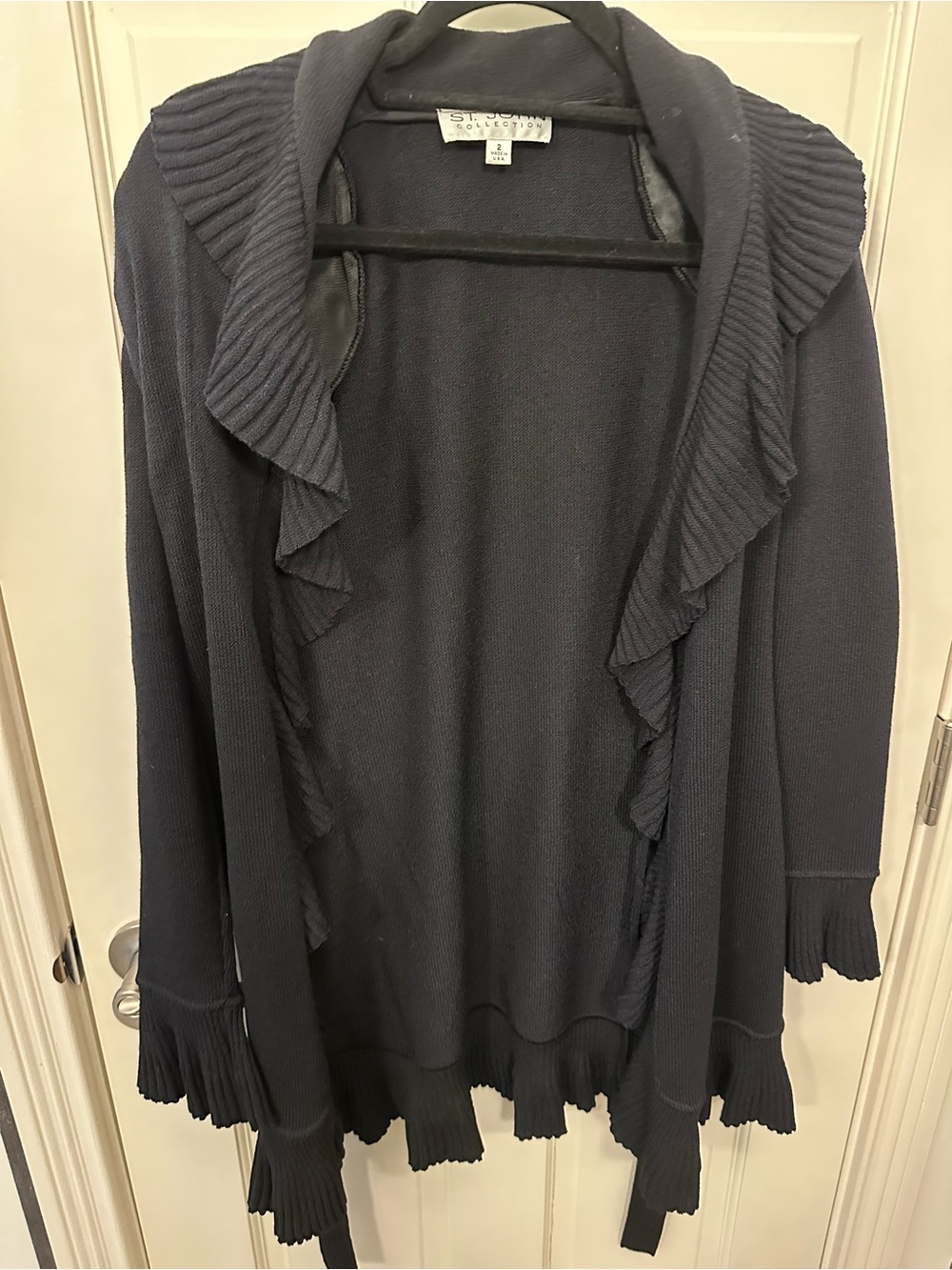 St. John Navy Ruffle-Trim Open Cardigan